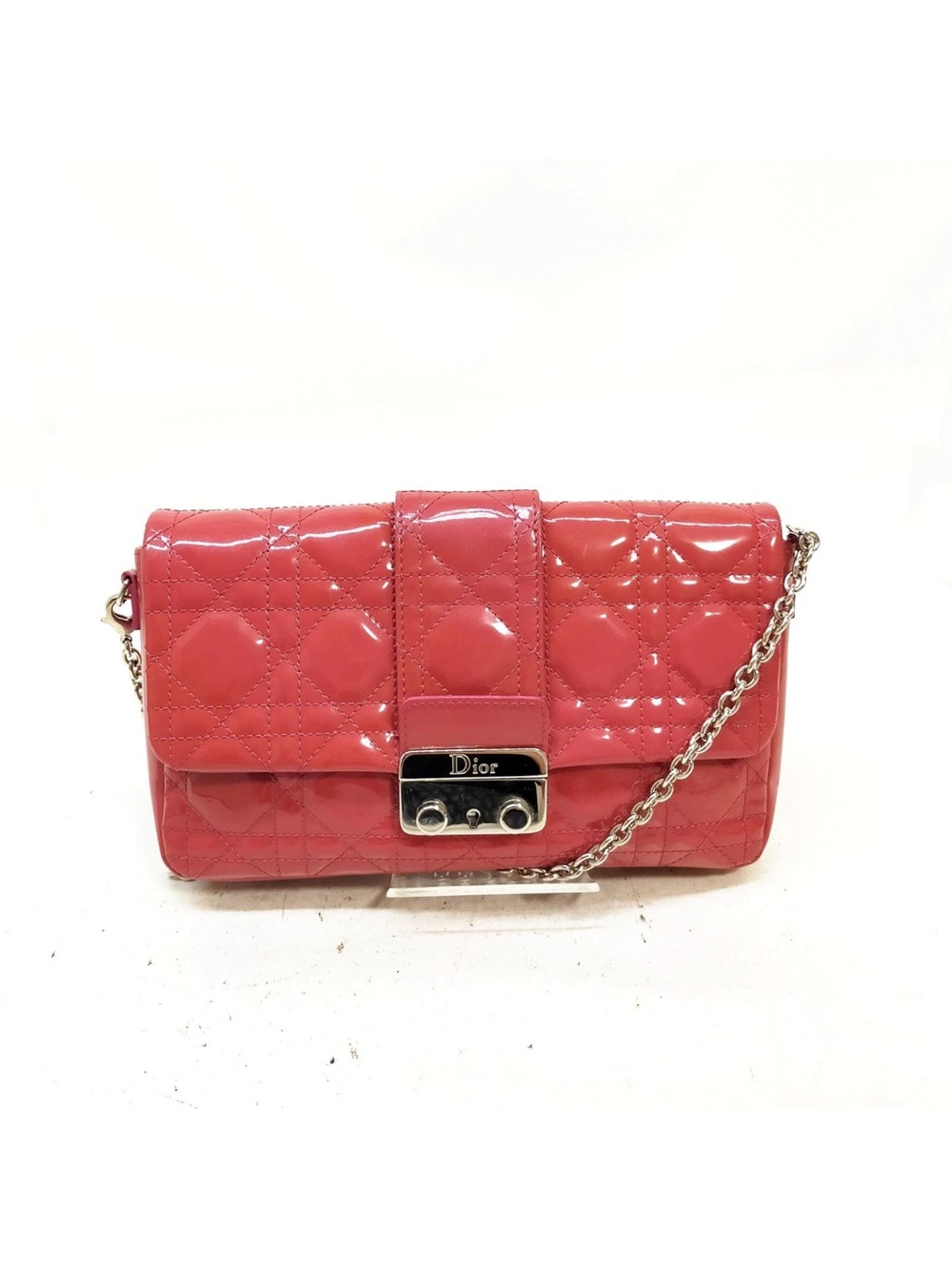 EUC-Dior Glossy Quilted Patent Leather Chain Crossbody in Coral Pink